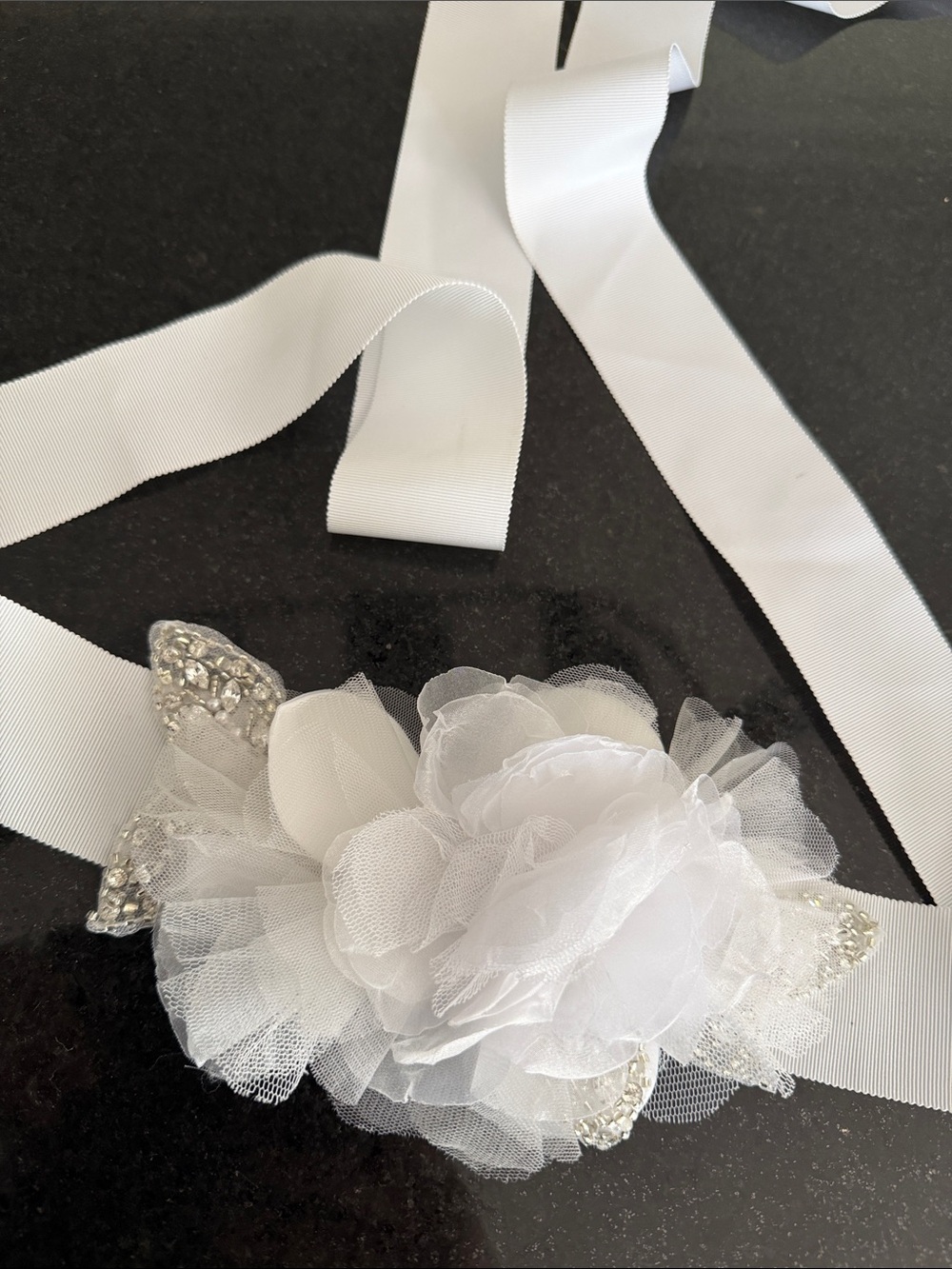 White Floral Satin Ribbon Belt with Rhinestone Accents